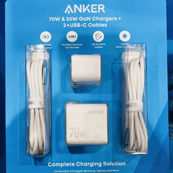 Anker Charger Set 70W & 30W GaN Fast Chargers w/ 2 USB-C Cables 4-Port
